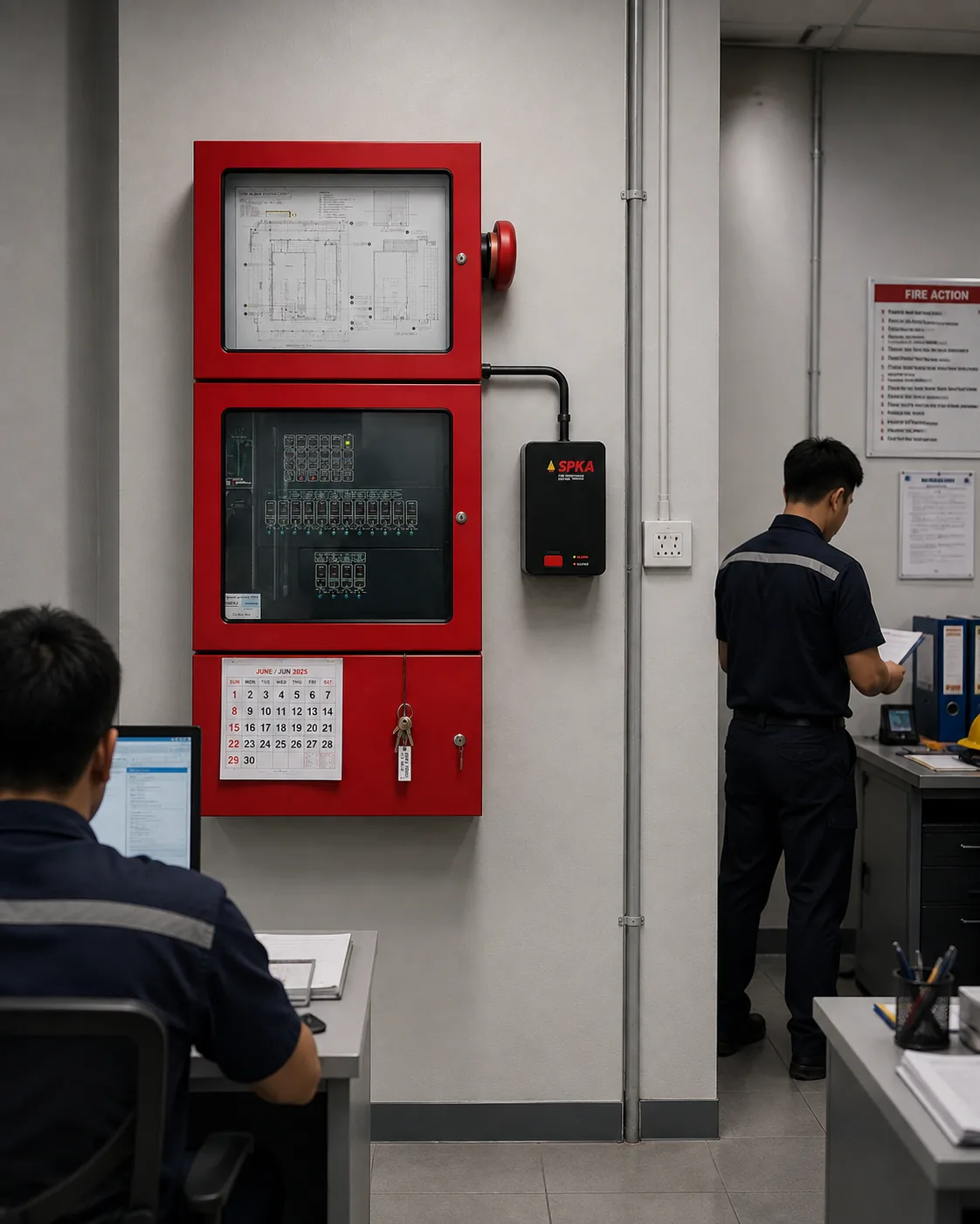 JBPM SPKA fire monitoring control panel in an operations room