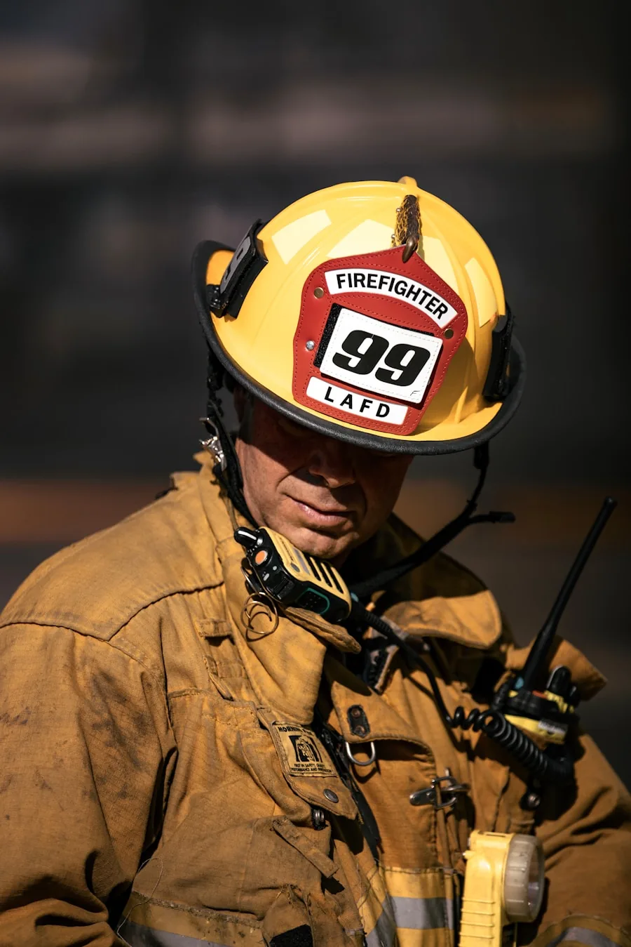 Firefighter in protective heat suit