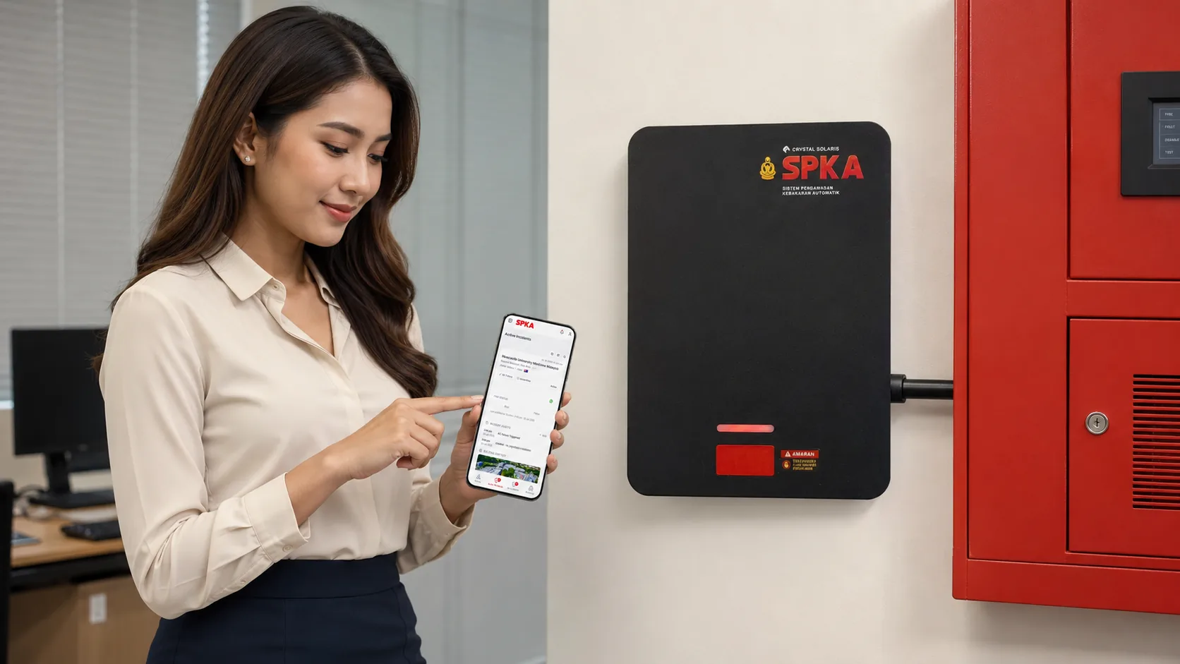 SPKA mobile active incidents view beside SPKA unit connected to fire alarm panel