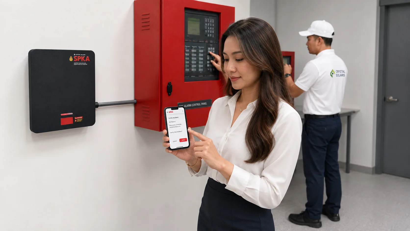 Mobile SPKA incident verification beside building fire alarm panels linked to Bomba