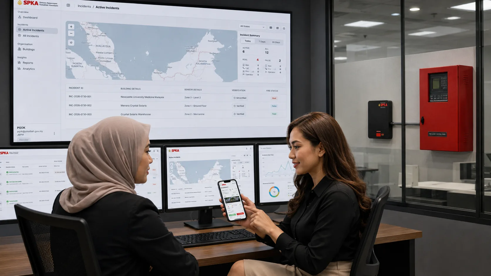 JBPM SPKA operations centre monitoring live fire incidents for Bomba response